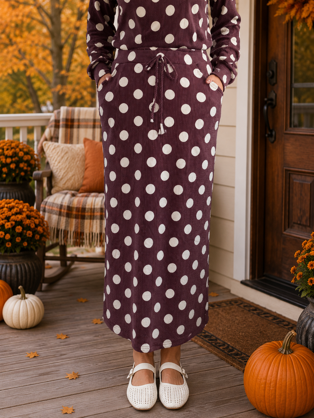 Burgundy Polkadot Skirt Set