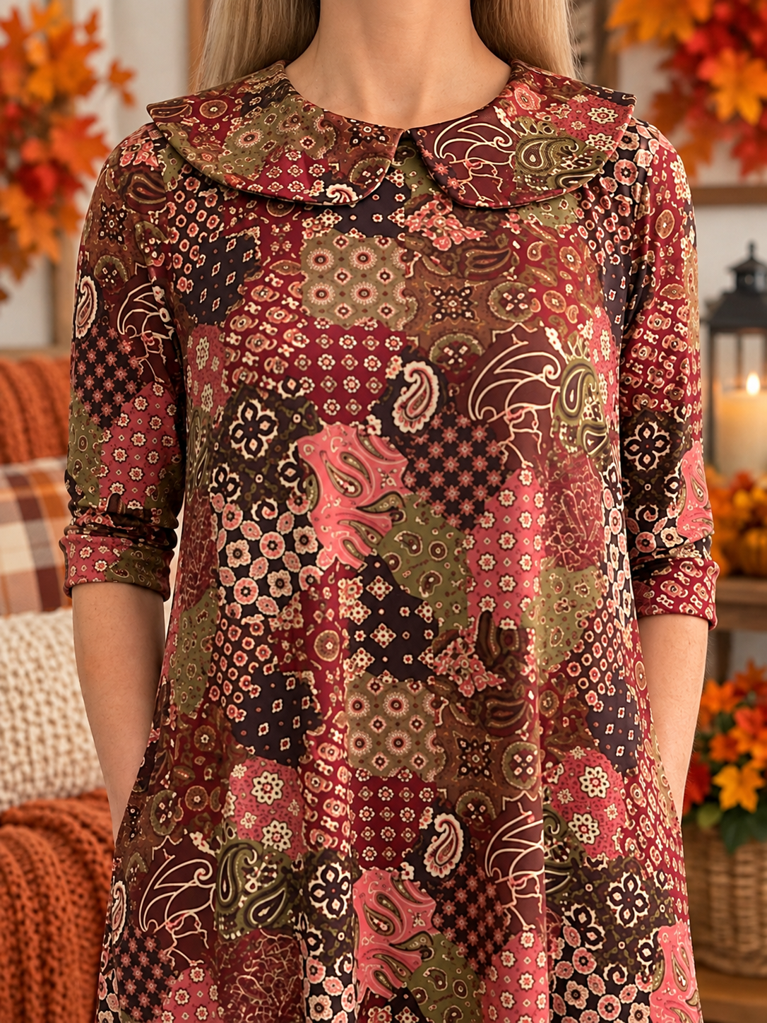 Malia-Peter Pan Collar Fall Patchwork Dress