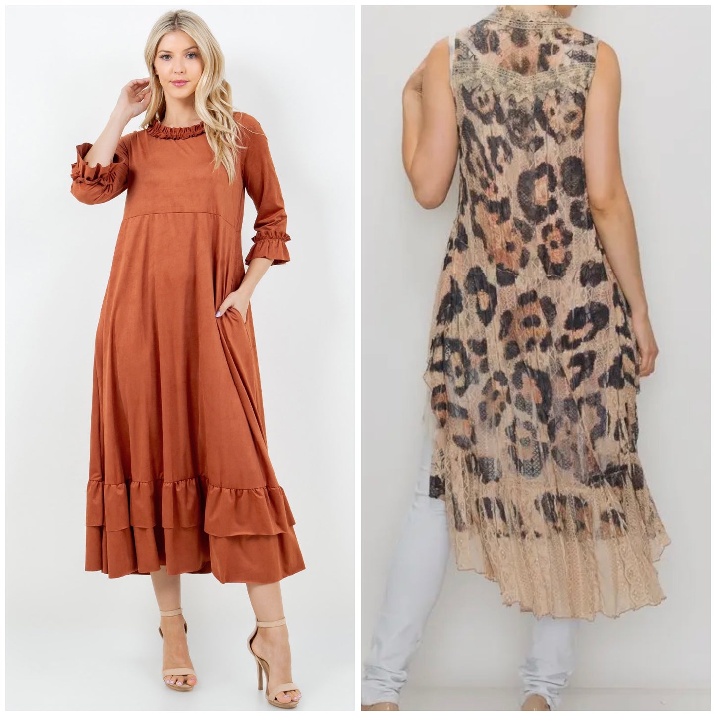 Suede Ruffle Dress-Navy & Rust