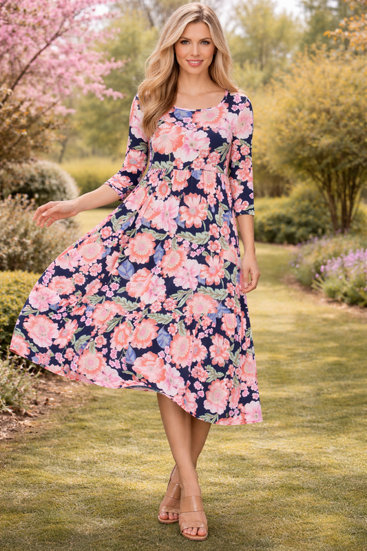 Navy/Coral Floral Dress-FINAL SALE