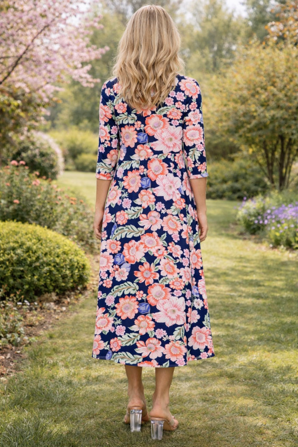 Navy/Coral Floral Dress-FINAL SALE