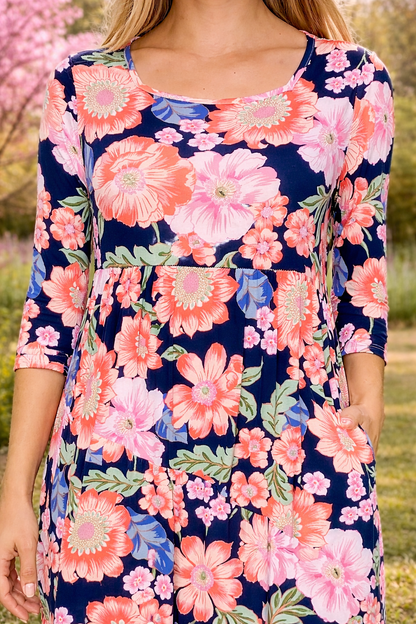 Navy/Coral Floral Dress-FINAL SALE