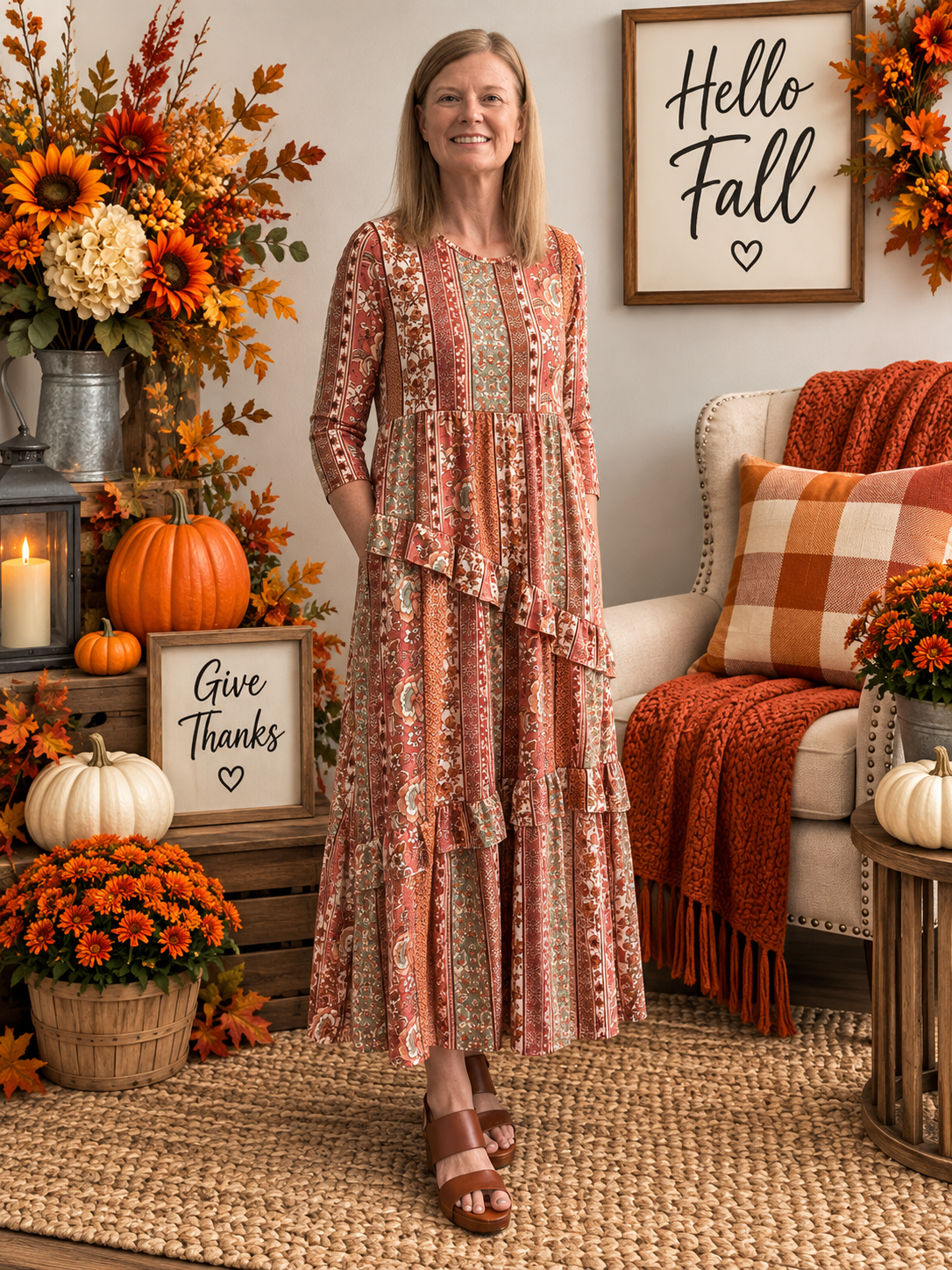 Vivian Rust Floral Striped Dress