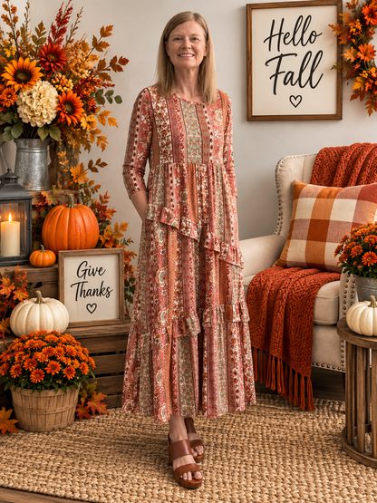 Vivian Rust Floral Striped Dress