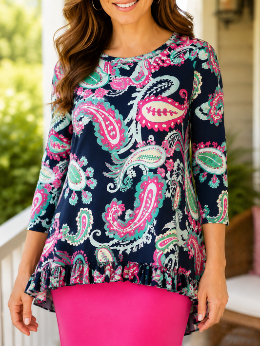 Macy- Pink Paisley Navy Background