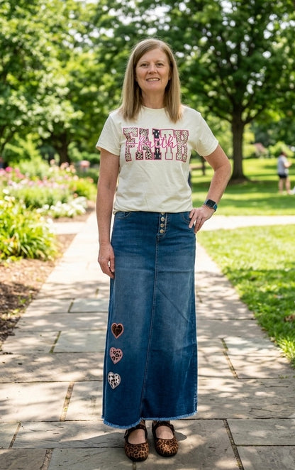 Leopard Heart Long Denim Skirt