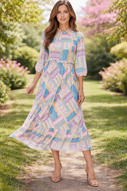 Candy Ruffle Waist Path-Work Dress