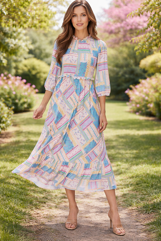 Candy Ruffle Waist Path-Work Dress