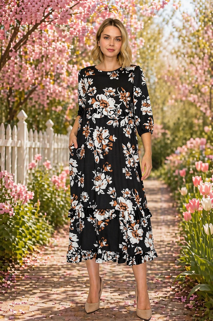 Clara Ruffle Dress- Black White & Brown Floral