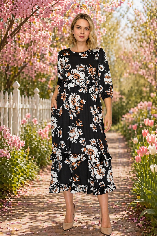 Clara Ruffle Dress- Black White & Brown Floral