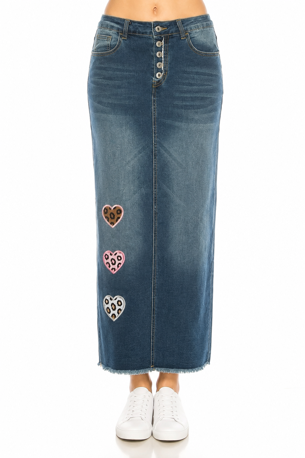 Leopard Heart Long Denim Skirt