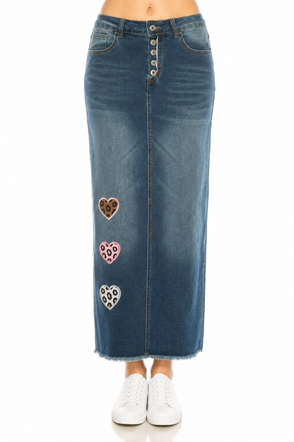 Leopard Heart Long Denim Skirt