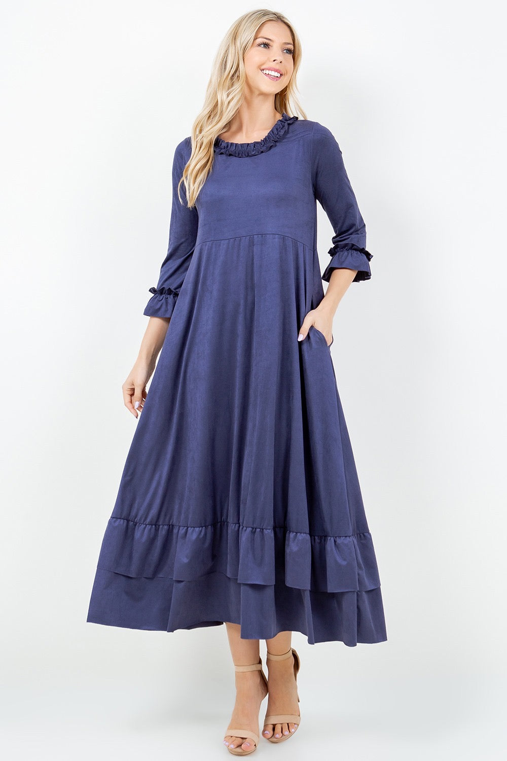 Suede Ruffle Dress-Navy & Rust