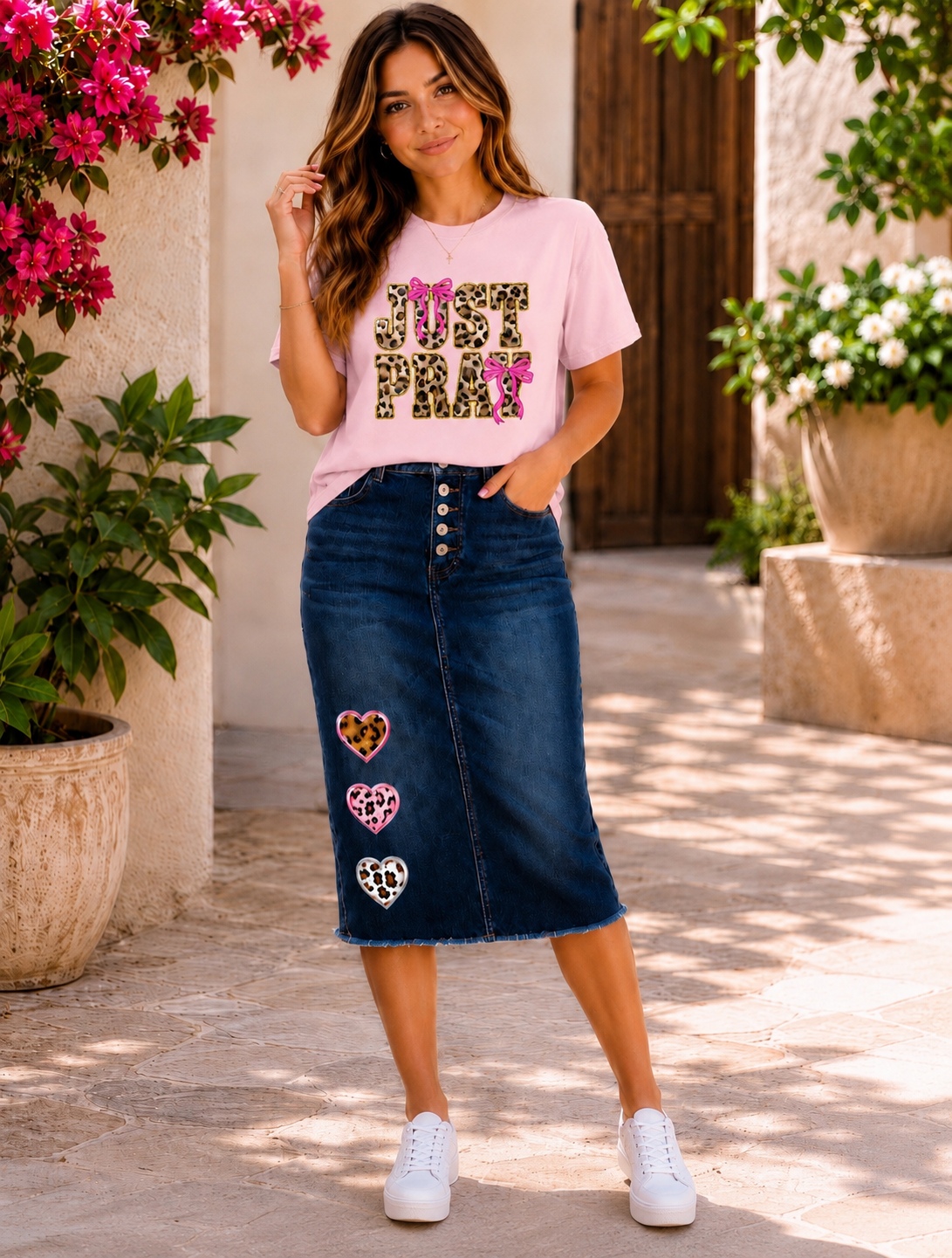 Leopard Heart Midi Denim Skirt