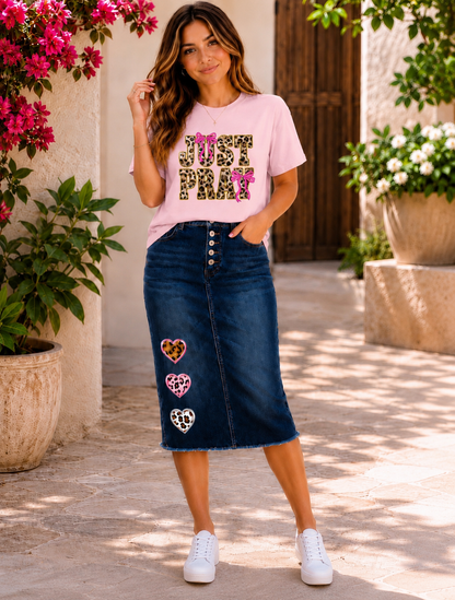 Leopard Heart Midi Denim Skirt