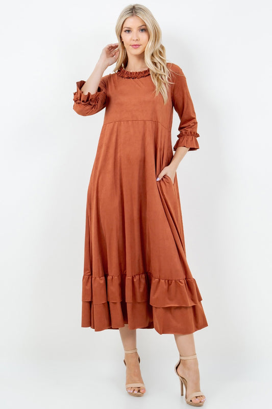 Suede Ruffle Dress-Navy & Rust