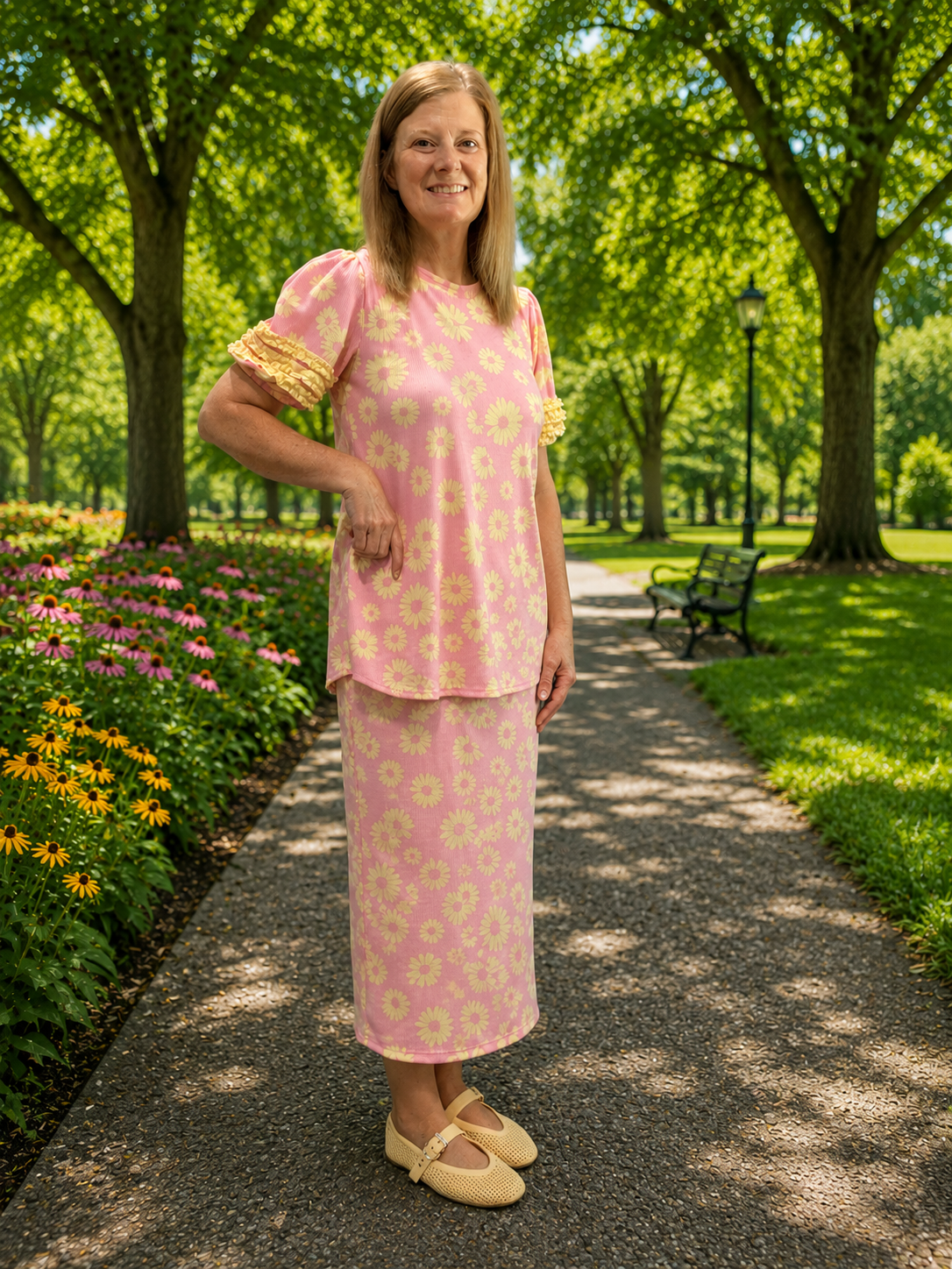 Pink/Yellow Floral Skirt Set