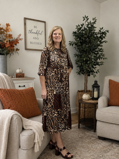 Crystal Midi-Animal Patchwork Print Dress