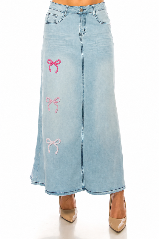 Be-Girl Pink Bow Long Denim Skirt