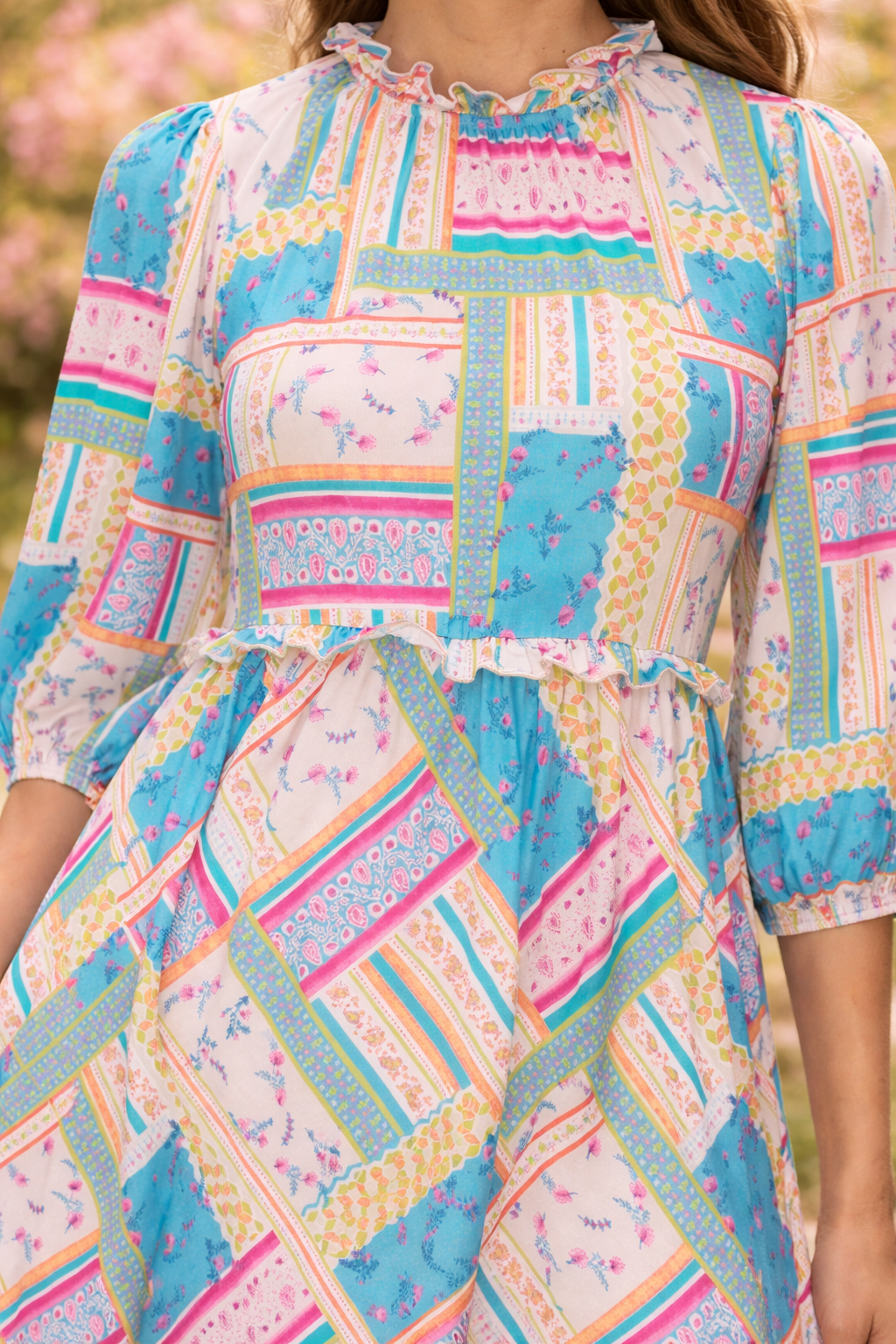 Candy Ruffle Waist Path-Work Dress
