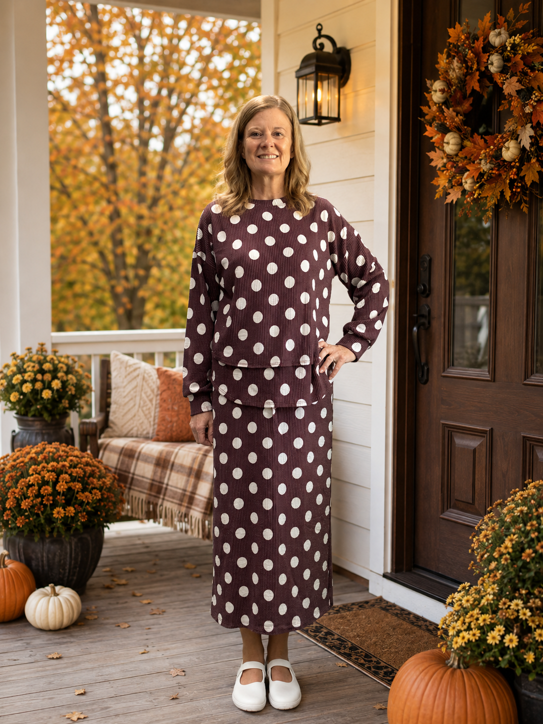 Burgundy Polkadot Skirt Set