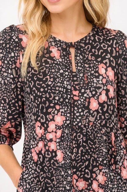 Black Leopard and Coral Flower Dress