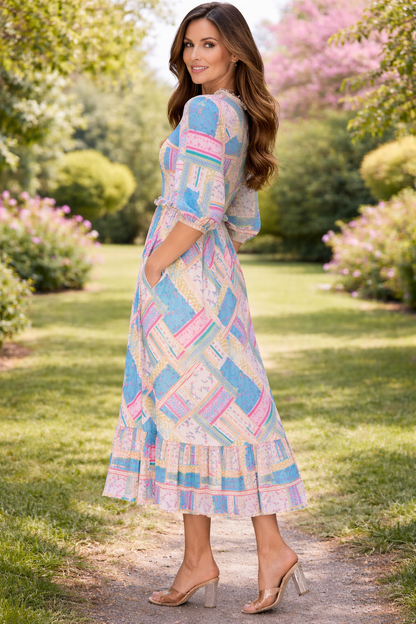 Candy Ruffle Waist Path-Work Dress