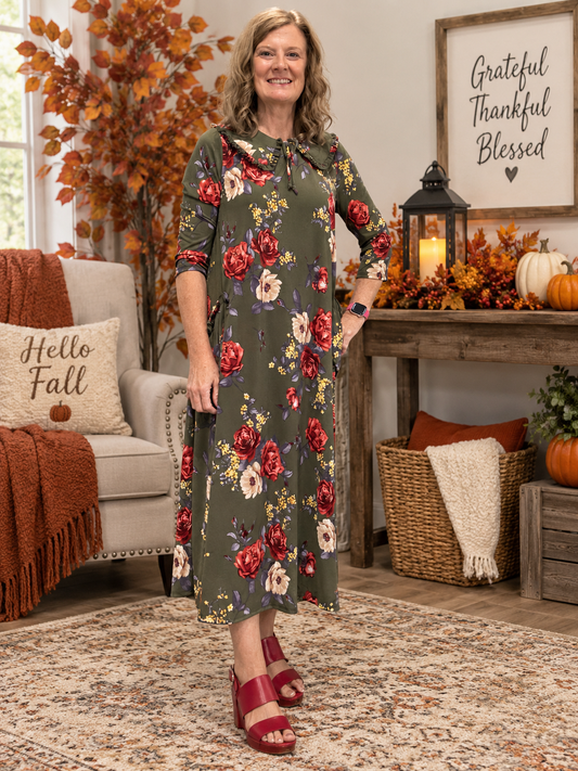 Deanna Peter Pan Collar Olive Floral Dress