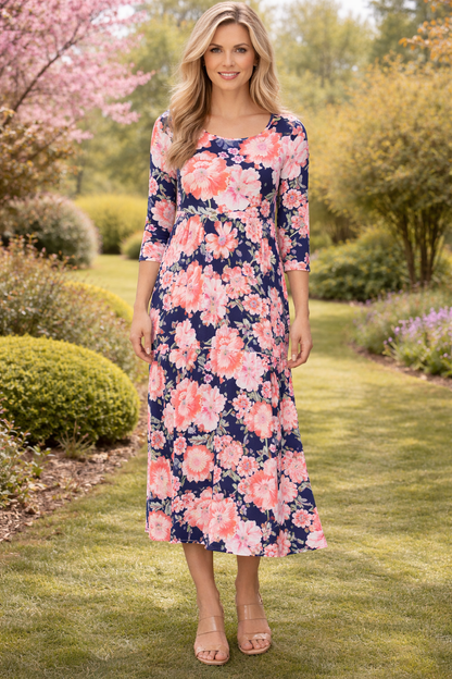 Navy/Coral Floral Dress-FINAL SALE