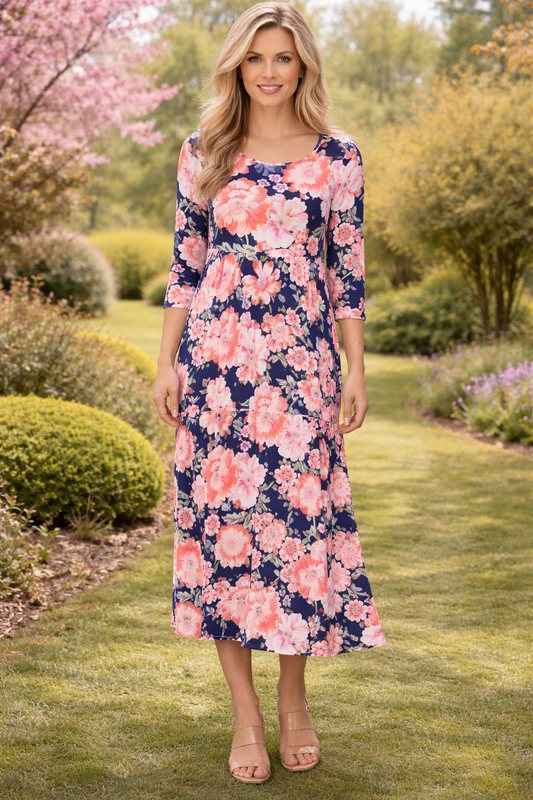Navy/Coral Floral Dress-FINAL SALE