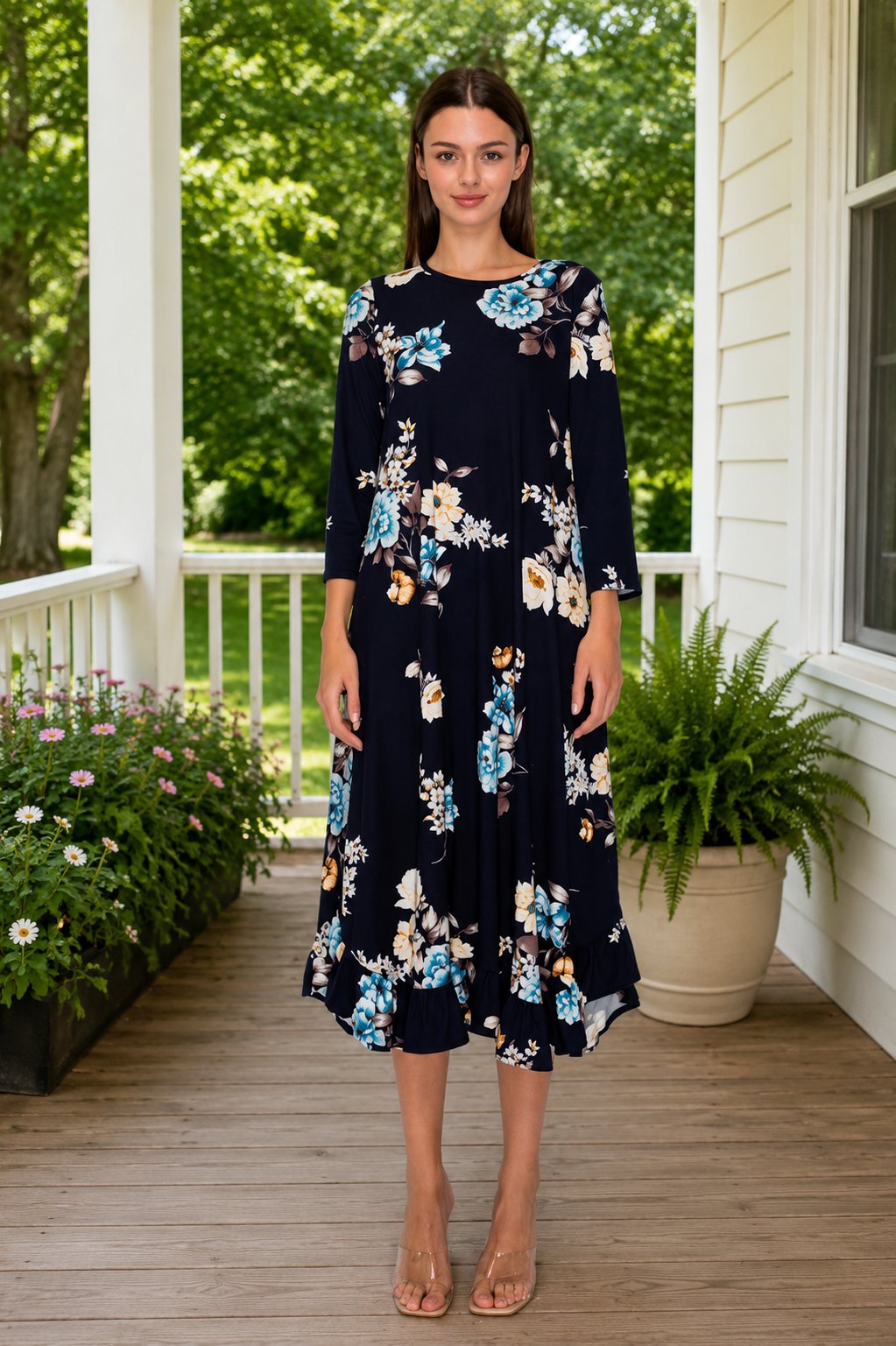Clara Navy Floral Ruffle Trim Dress