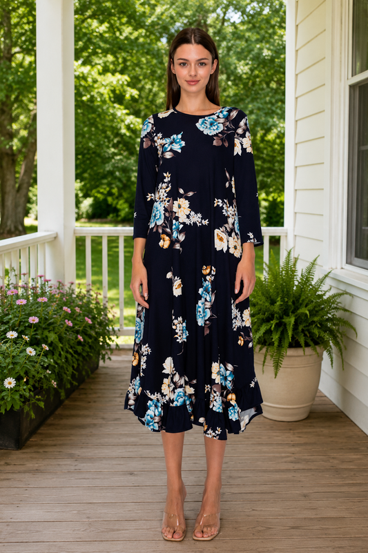 Clara Navy Floral Ruffle Trim Dress