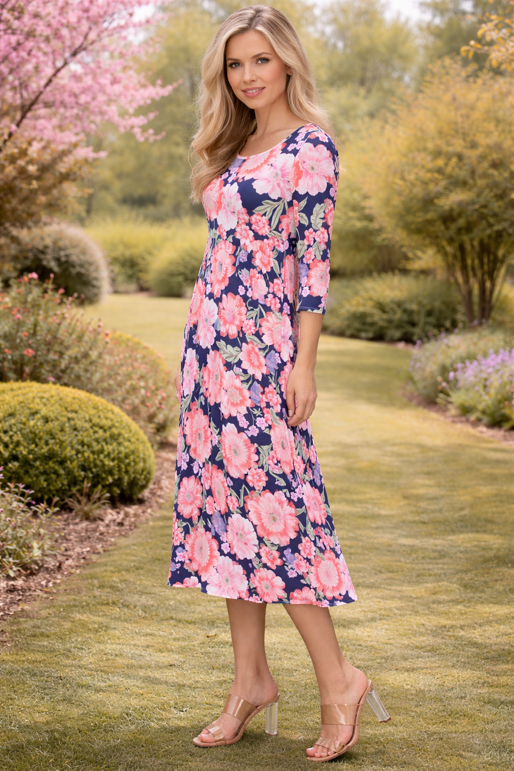 Navy/Coral Floral Dress-FINAL SALE