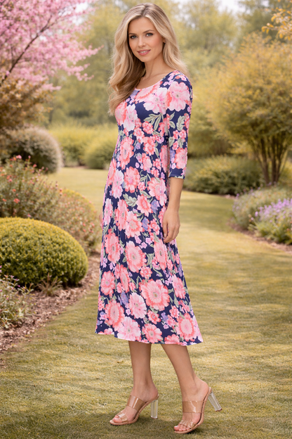 Navy/Coral Floral Dress-FINAL SALE