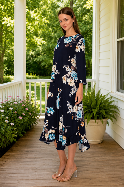 Clara Navy Floral Ruffle Trim Dress