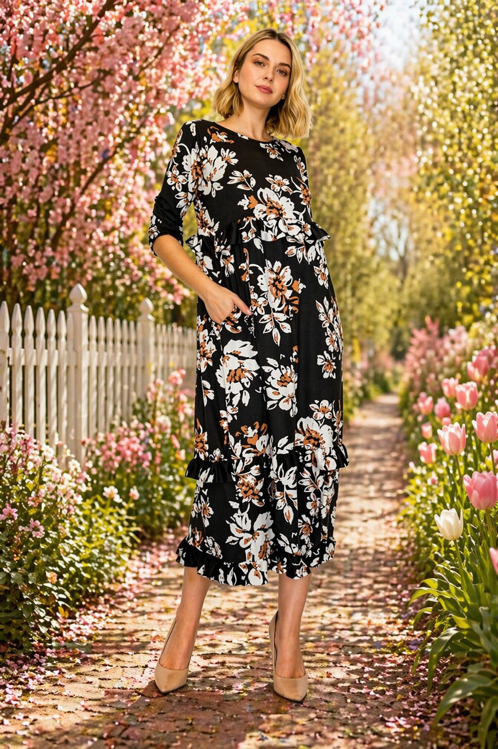 Clara Ruffle Dress- Black White & Brown Floral