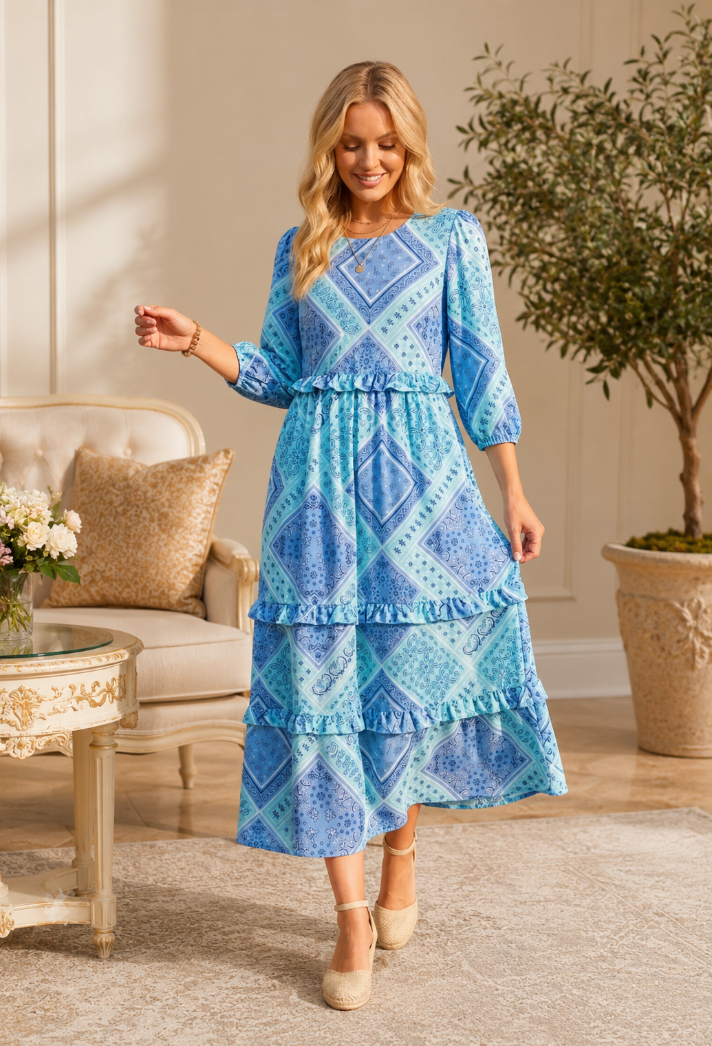 June Patchwork Ruffle Dress-2 Colors
