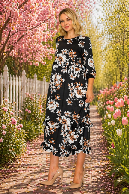 Clara Ruffle Dress- Black White & Brown Floral
