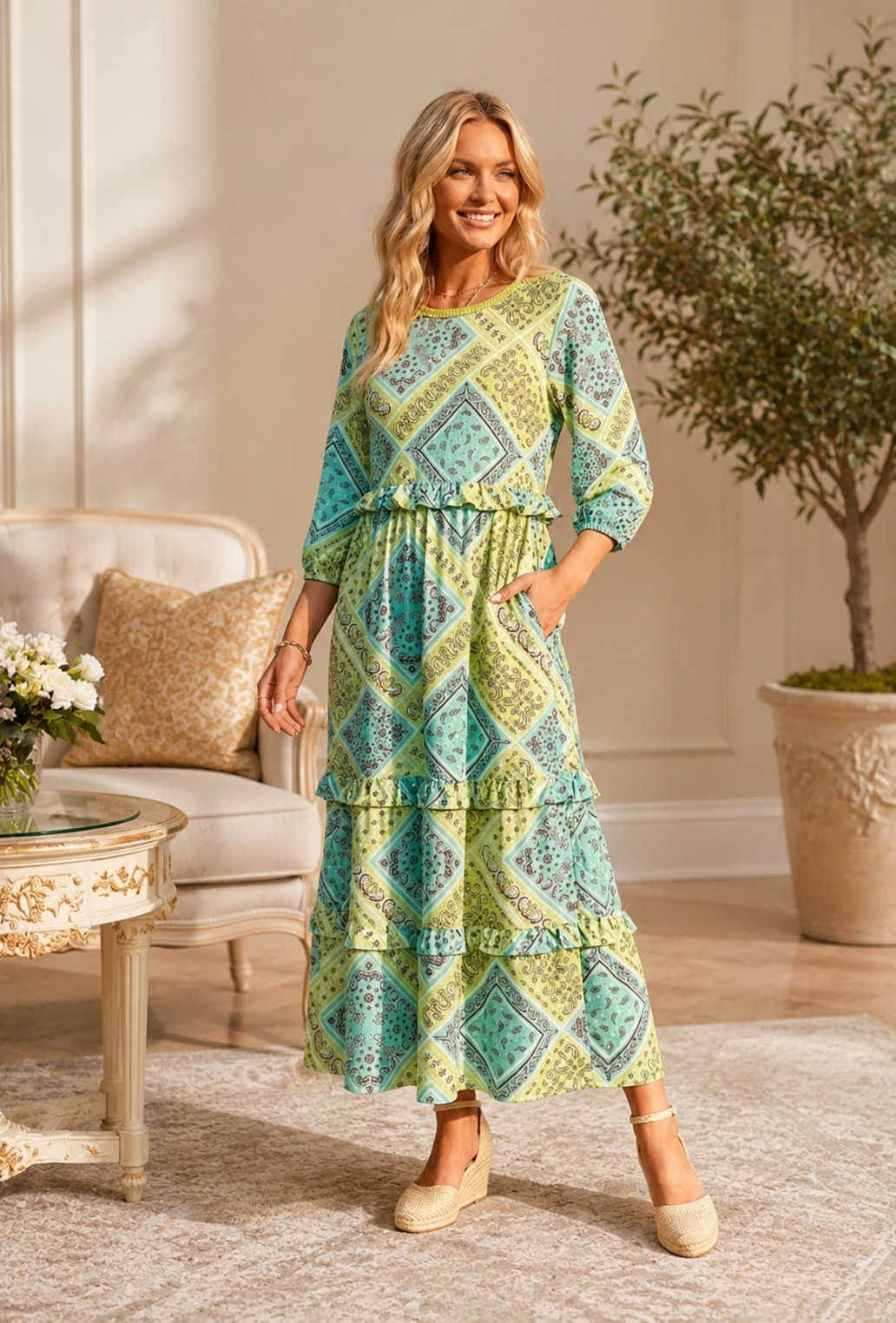 June Patchwork Ruffle Dress-2 Colors