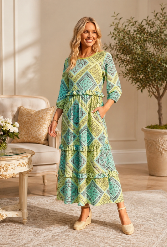 June Patchwork Ruffle Dress-2 Colors