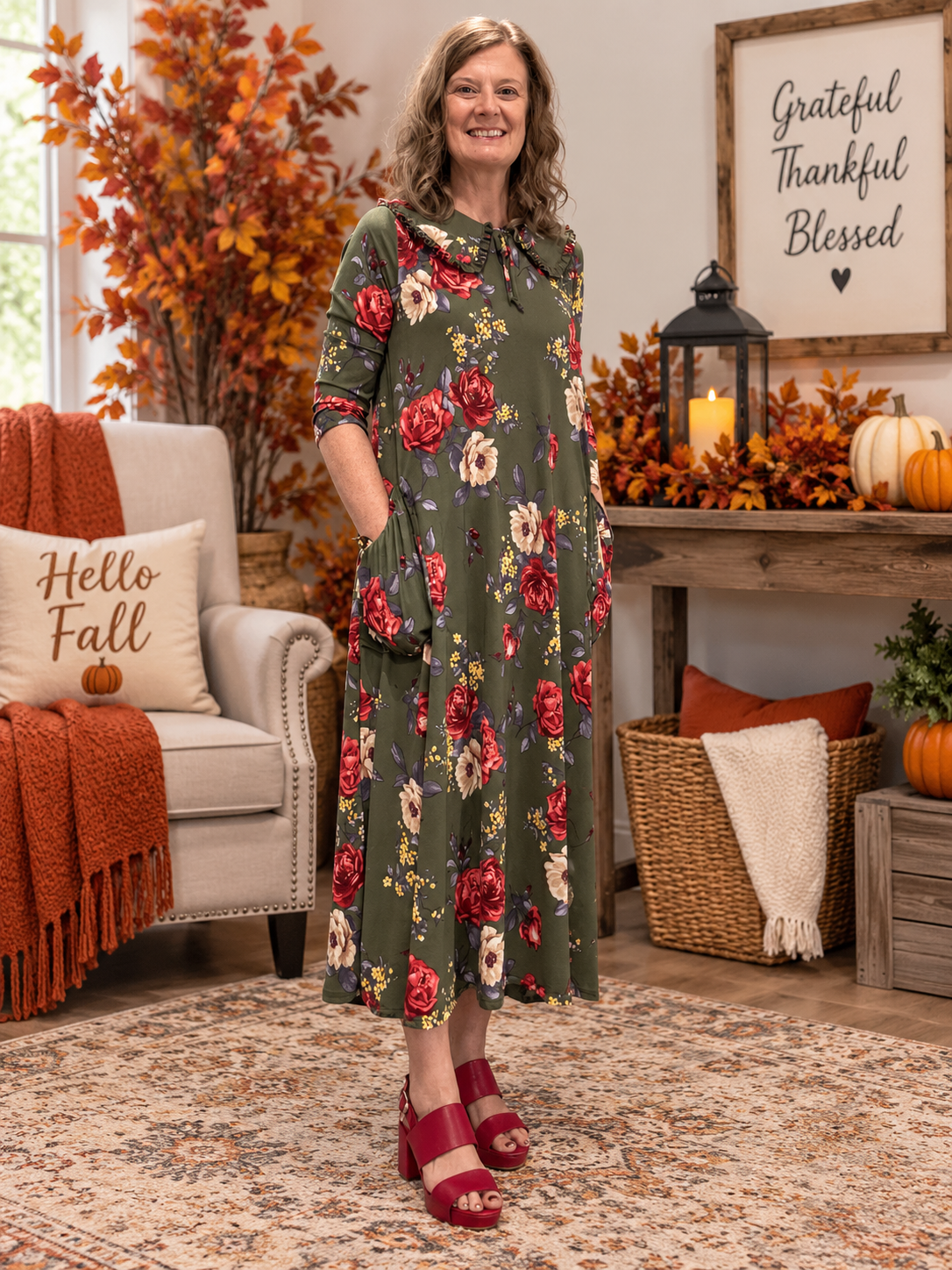 Deanna Peter Pan Collar Olive Floral Dress