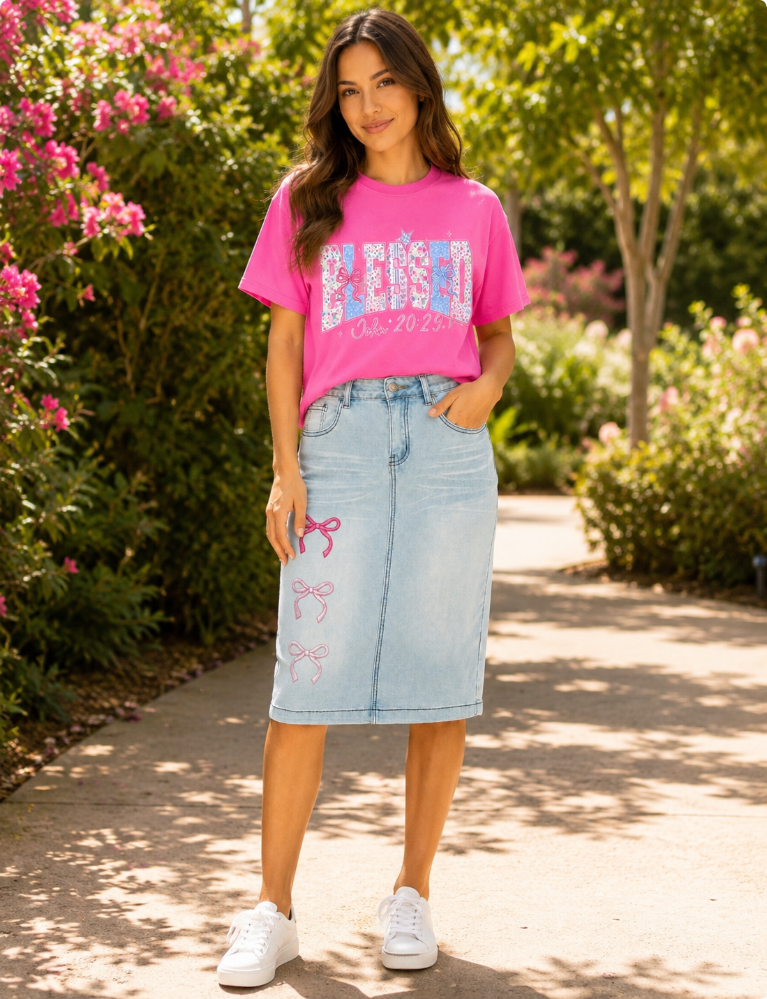 Be-Girl Pink Bow Midi Denim Skirt