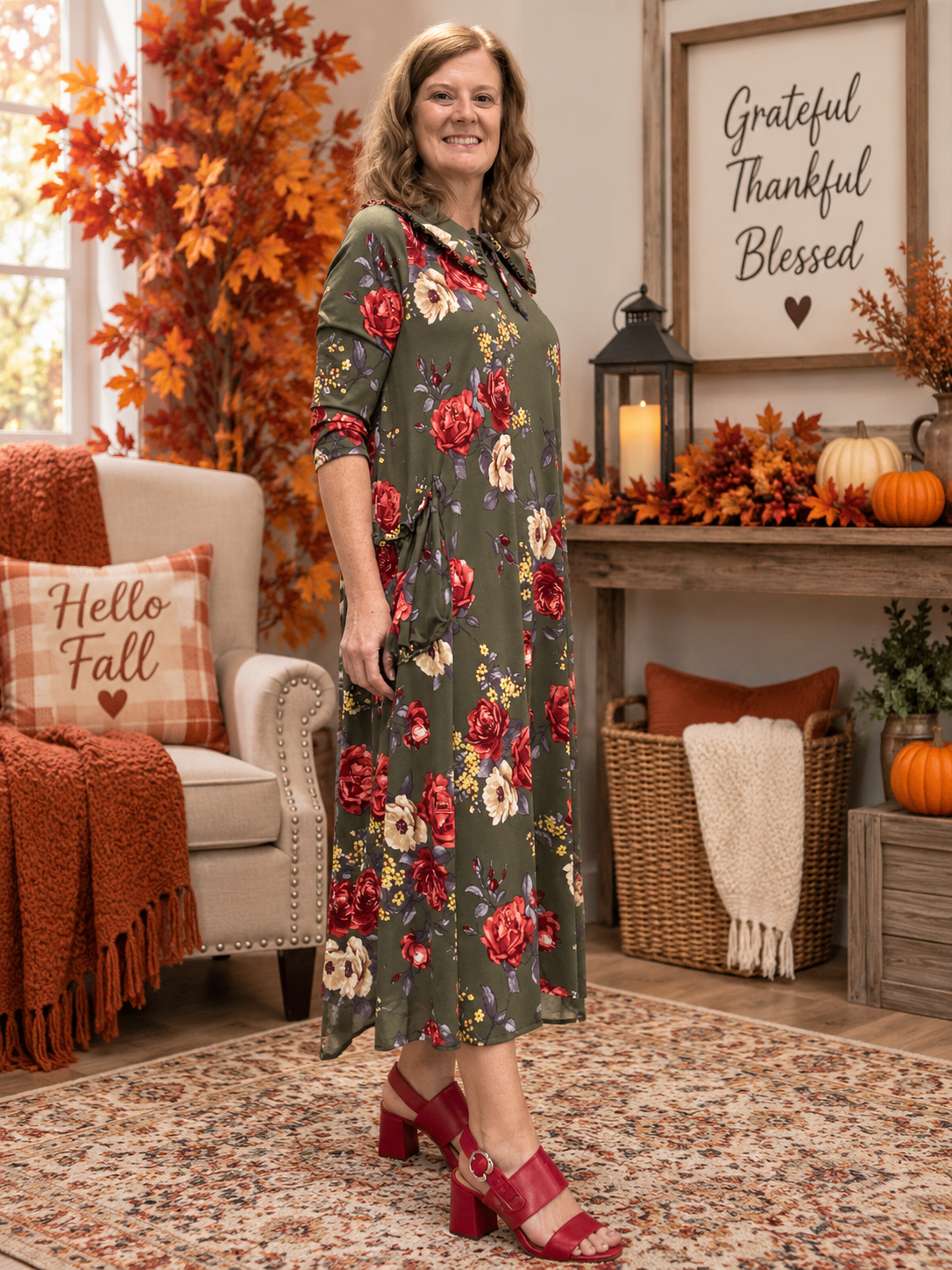 Deanna Peter Pan Collar Olive Floral Dress