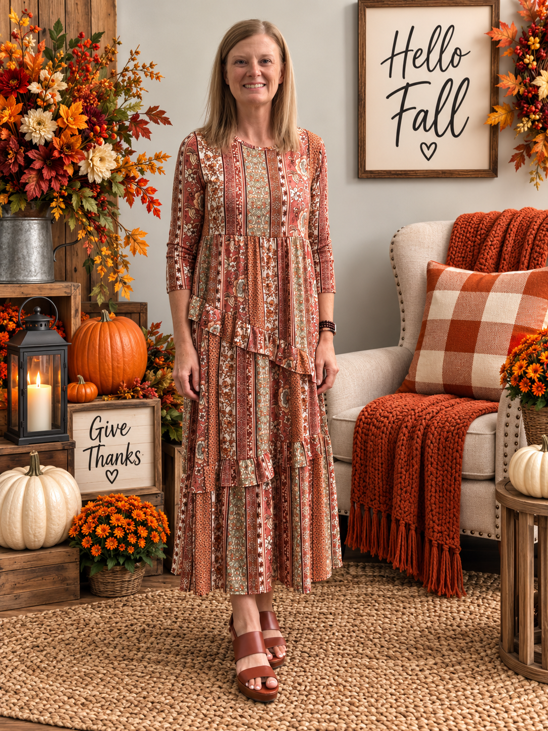 Vivian Rust Floral Striped Dress