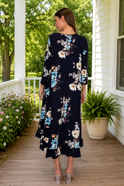 Clara Navy Floral Ruffle Trim Dress