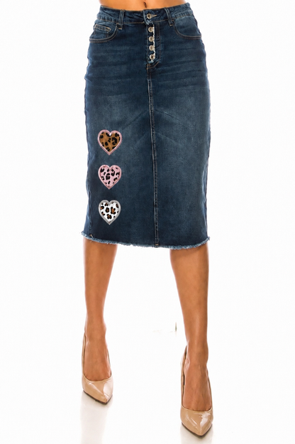 Leopard Heart Midi Denim Skirt