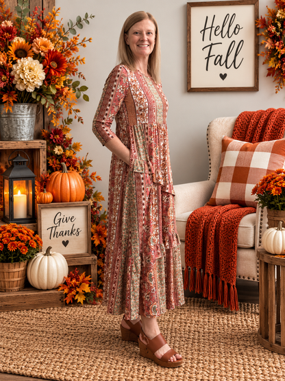 Vivian Rust Floral Striped Dress