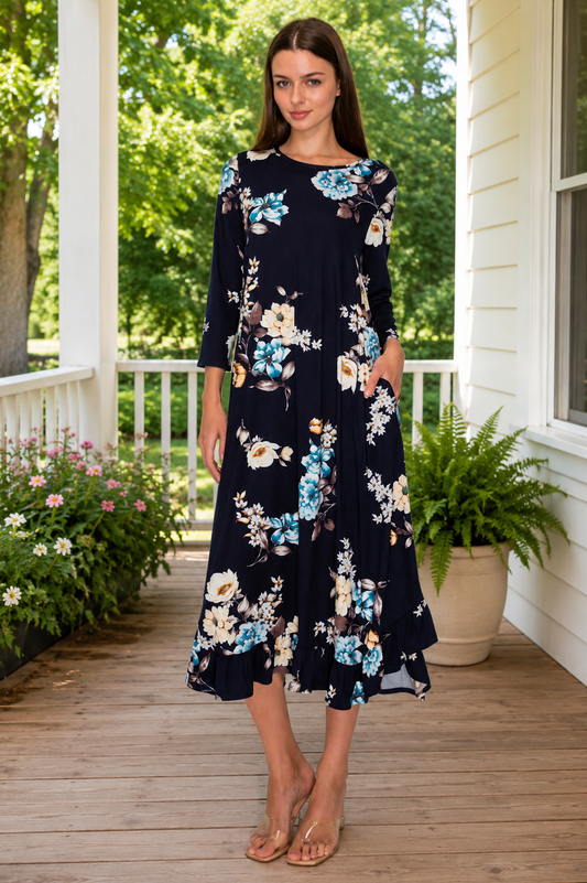 Clara Navy Floral Ruffle Trim Dress