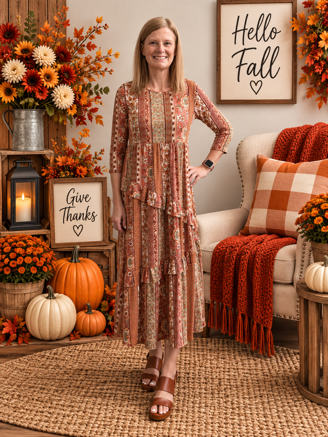 Vivian Rust Floral Striped Dress