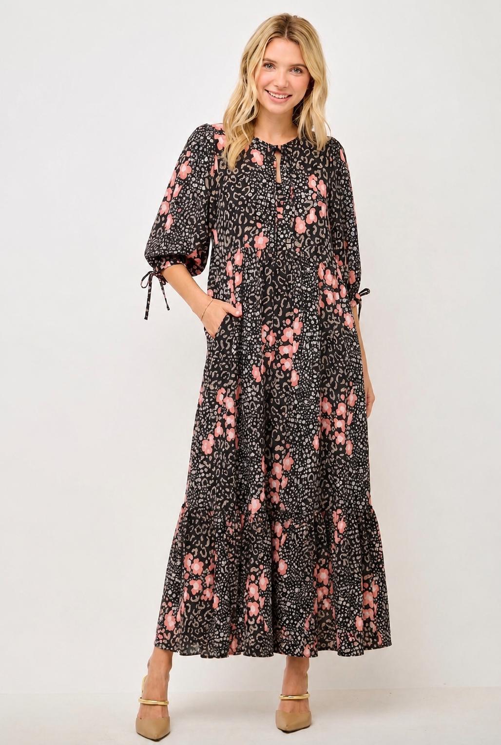 Black Leopard and Coral Flower Dress
